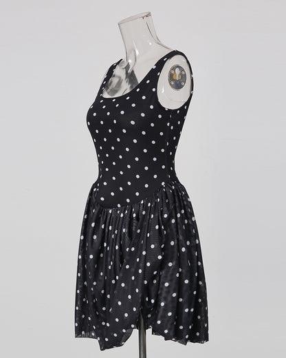 Black Polka Dot Sleeveless Ruched Bubble Hem Mini Dress