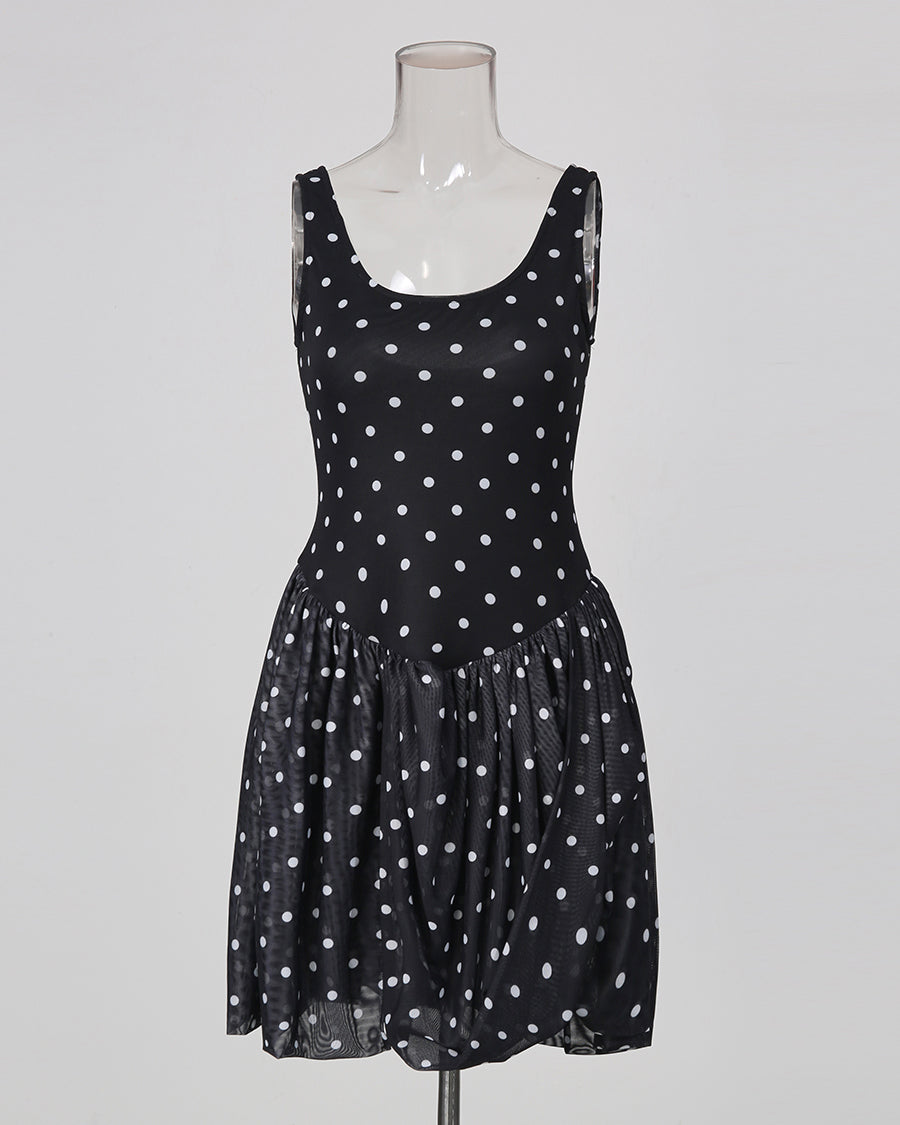 Black Polka Dot Sleeveless Ruched Bubble Hem Mini Dress