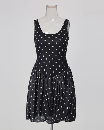 Black Polka Dot Sleeveless Ruched Bubble Hem Mini Dress