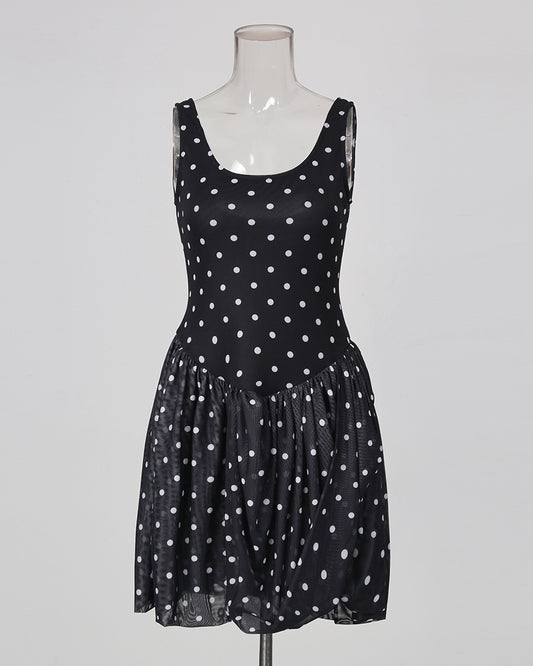 Black Polka Dot Sleeveless Ruched Bubble Hem Mini Dress
