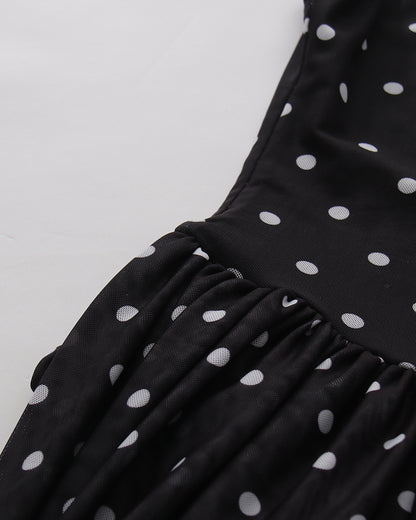 Black Polka Dot Sleeveless Ruched Bubble Hem Mini Dress