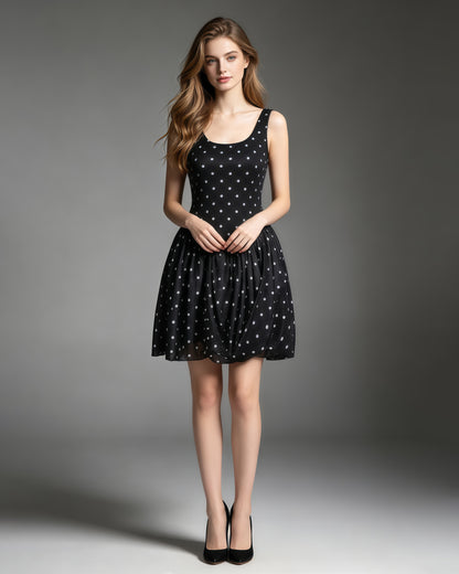 Black Polka Dot Sleeveless Ruched Bubble Hem Mini Dress