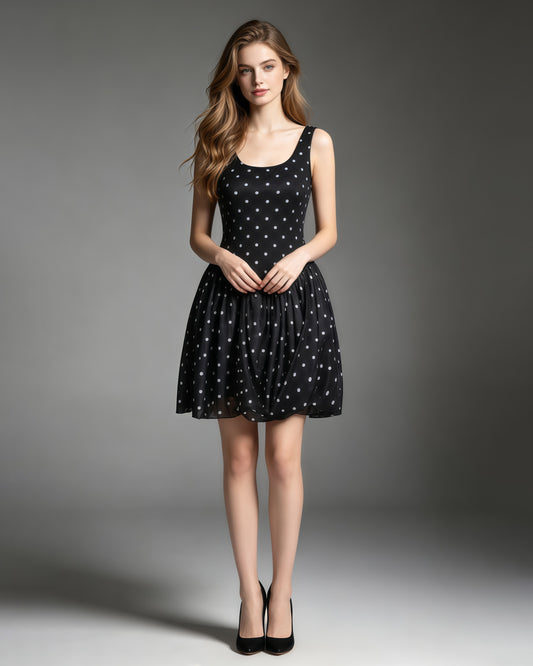 Black Polka Dot Sleeveless Ruched Bubble Hem Mini Dress