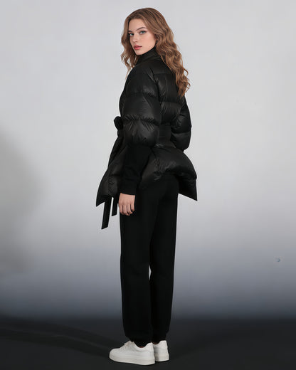 Black Puffy Wrap Puffer Jacket with Bow Tie Waist