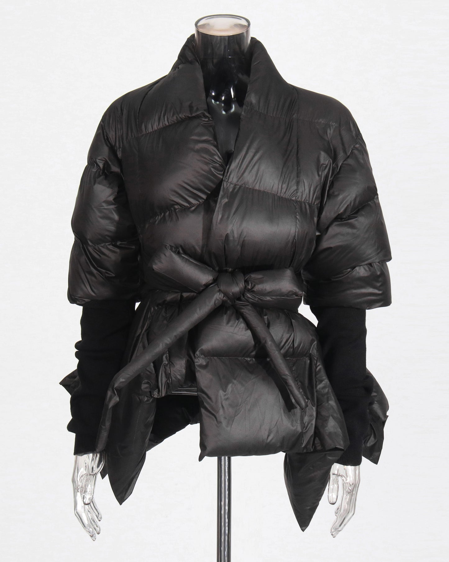 Black Puffy Wrap Puffer Jacket with Bow Tie Waist