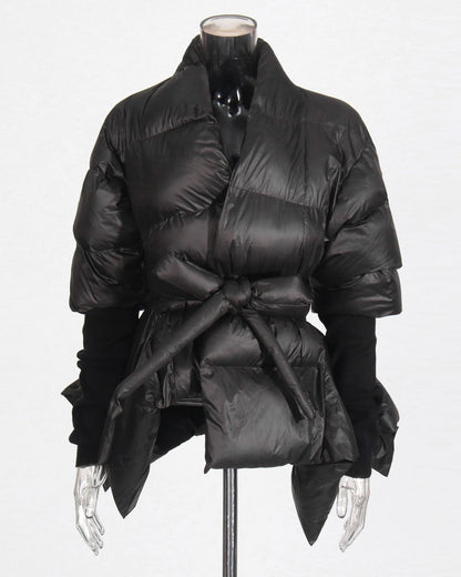 Black Puffy Wrap Puffer Jacket with Bow Tie Waist