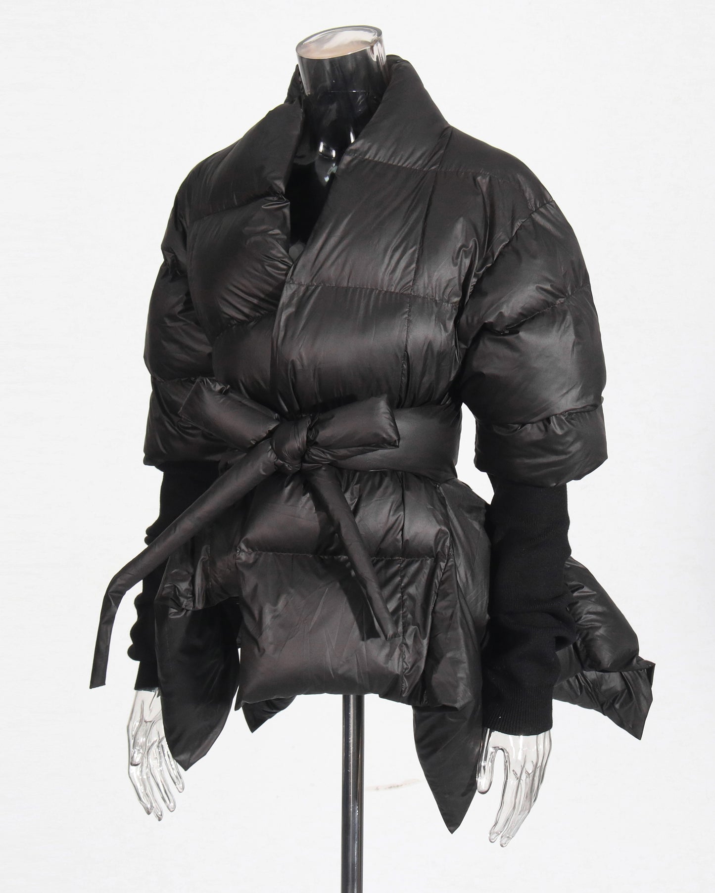Black Puffy Wrap Puffer Jacket with Bow Tie Waist