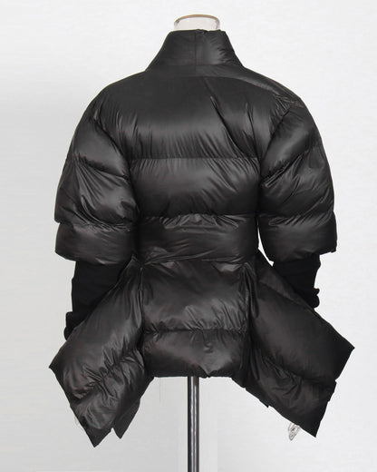 Black Puffy Wrap Puffer Jacket with Bow Tie Waist