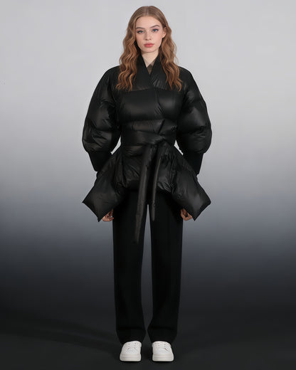 Black Puffy Wrap Puffer Jacket with Bow Tie Waist