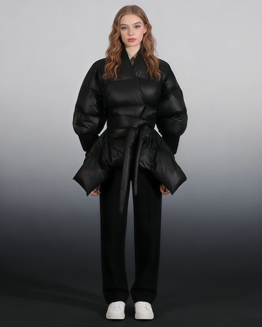 Black Puffy Wrap Puffer Jacket with Bow Tie Waist