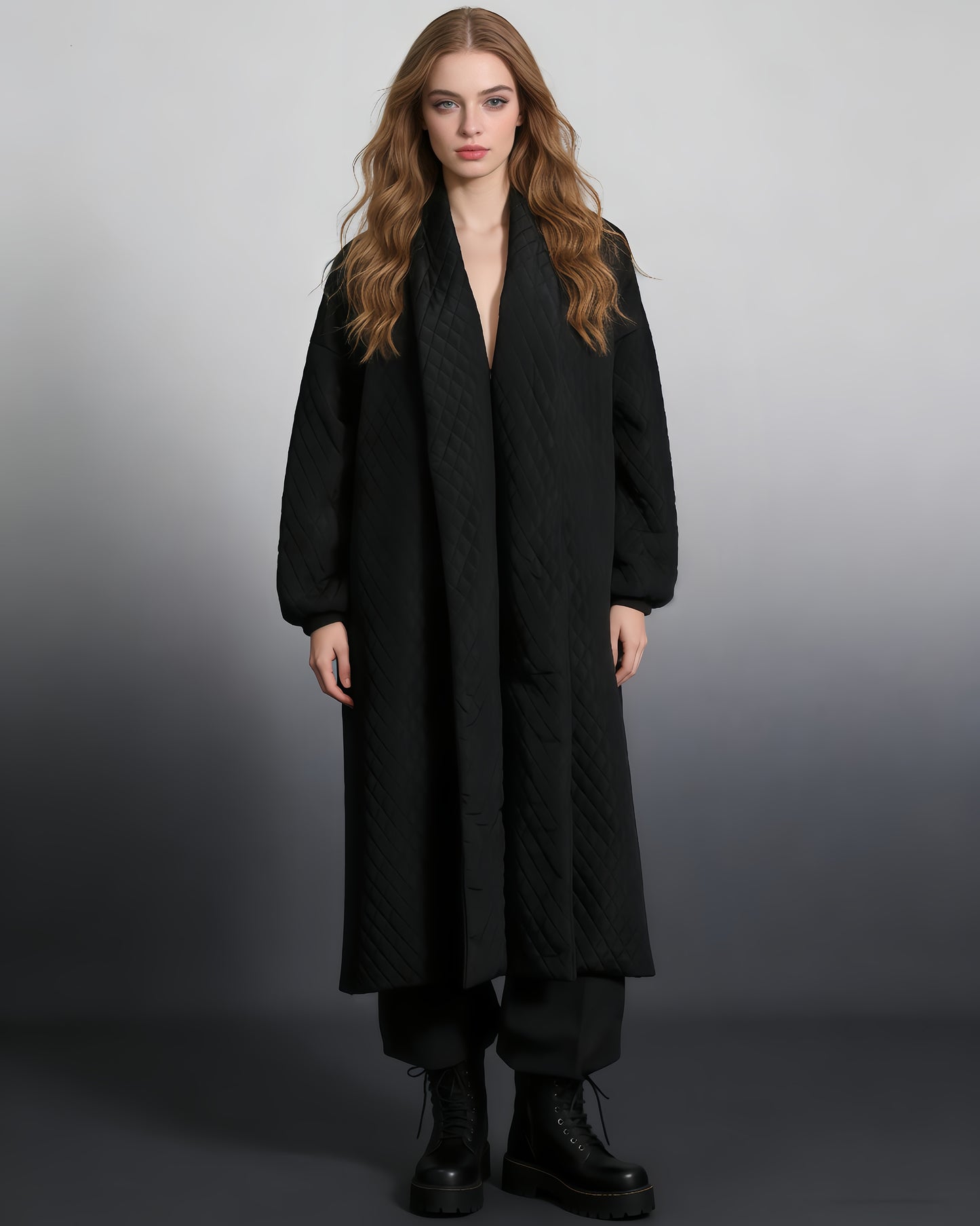 Black Quilted Longline Coat with Balloon Sleeves