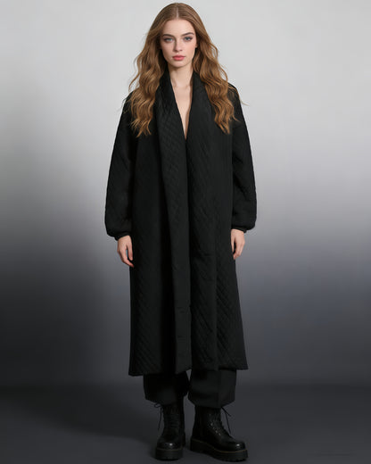 Black Quilted Longline Coat with Balloon Sleeves
