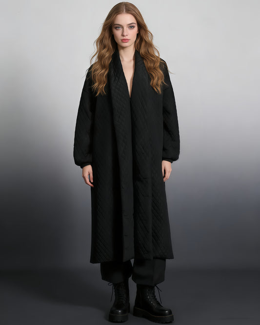 Black Quilted Longline Coat with Balloon Sleeves