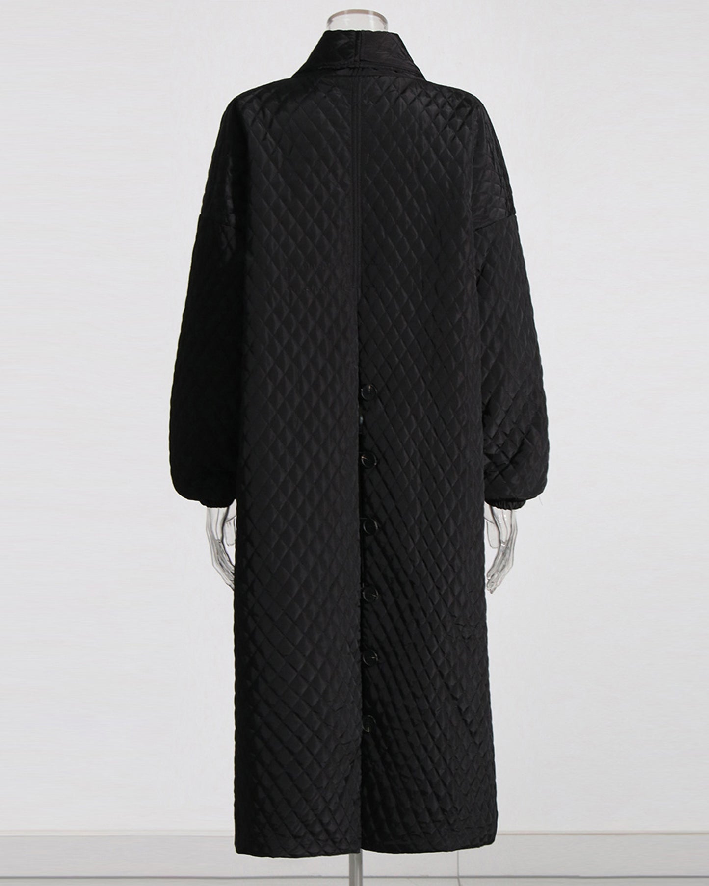 Black Quilted Longline Coat with Balloon Sleeves