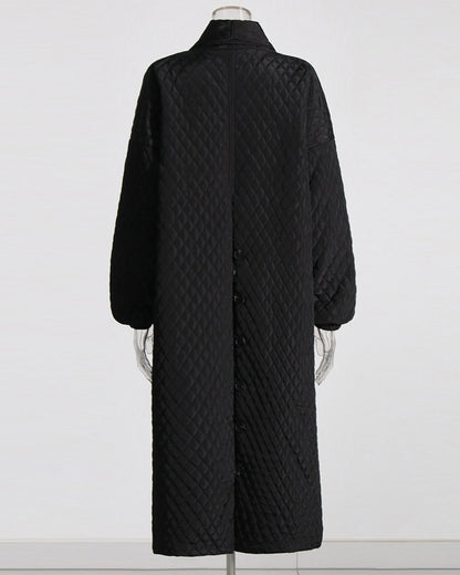 Black Quilted Longline Coat with Balloon Sleeves