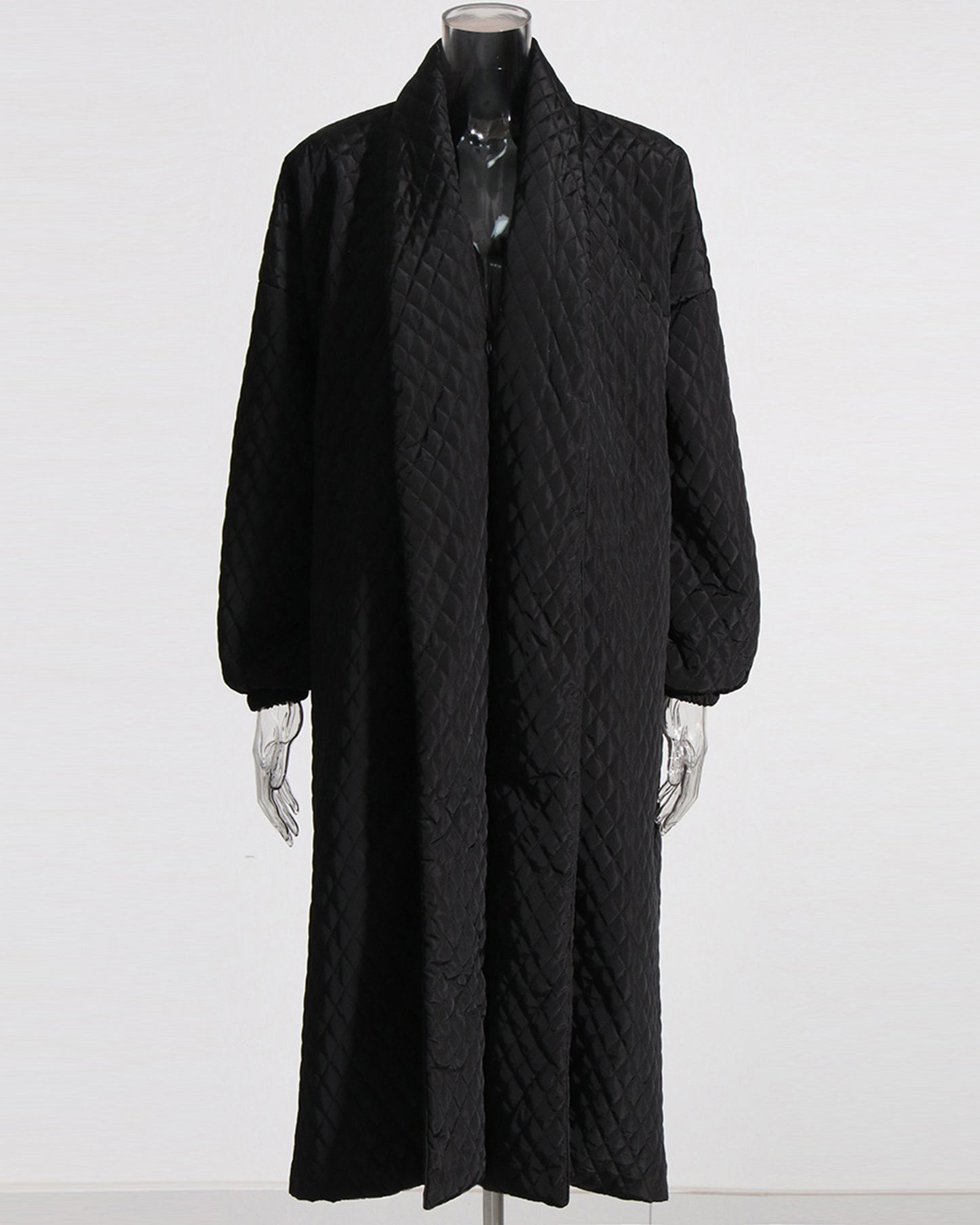 Black Quilted Longline Coat with Balloon Sleeves