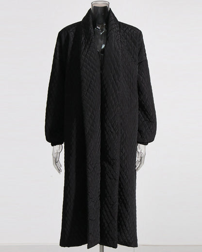 Black Quilted Longline Coat with Balloon Sleeves