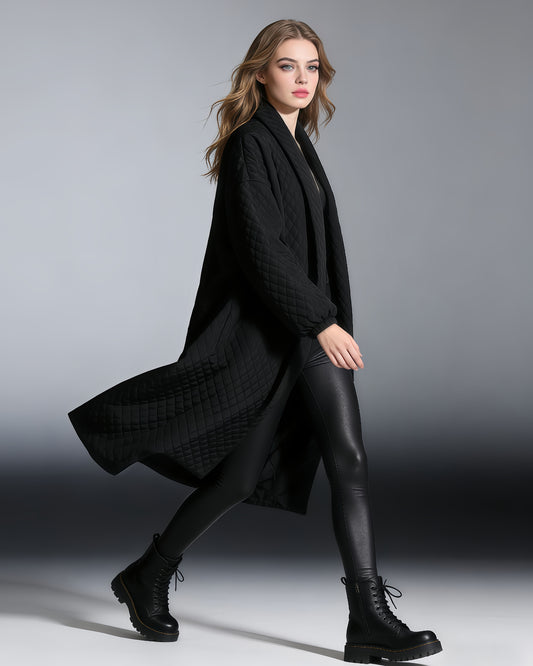 Black Quilted Longline Coat with Balloon Sleeves