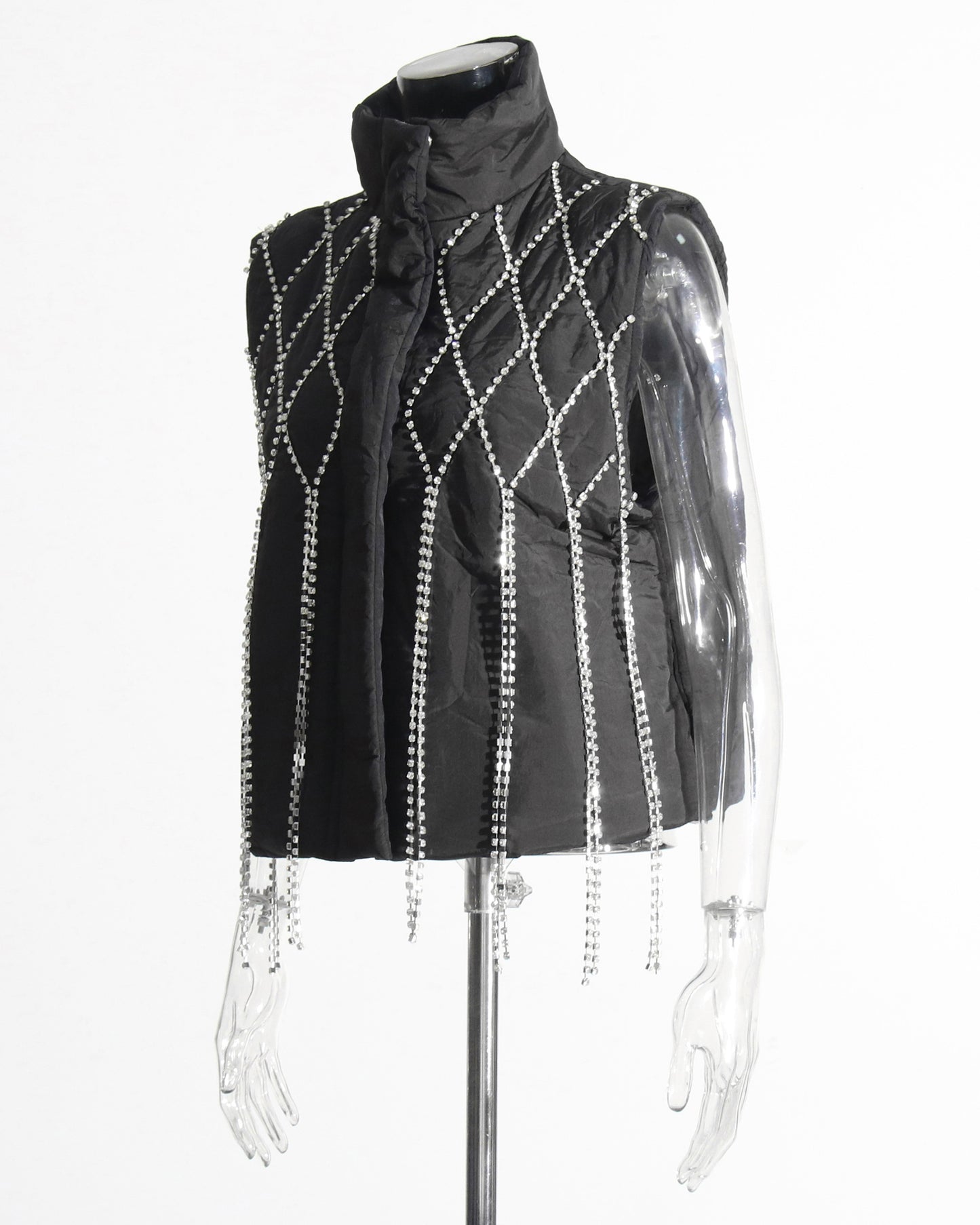 Black Quilted Vest with Crystal Fringe Embellishment