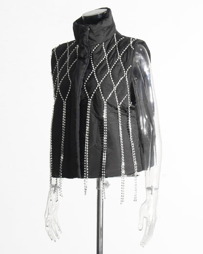 Black Quilted Vest with Crystal Fringe Embellishment
