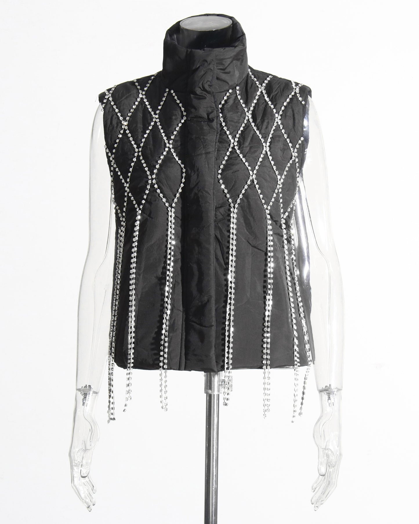Black Quilted Vest with Crystal Fringe Embellishment