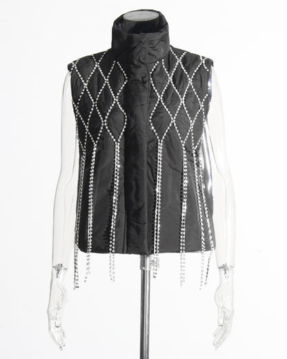 Black Quilted Vest with Crystal Fringe Embellishment