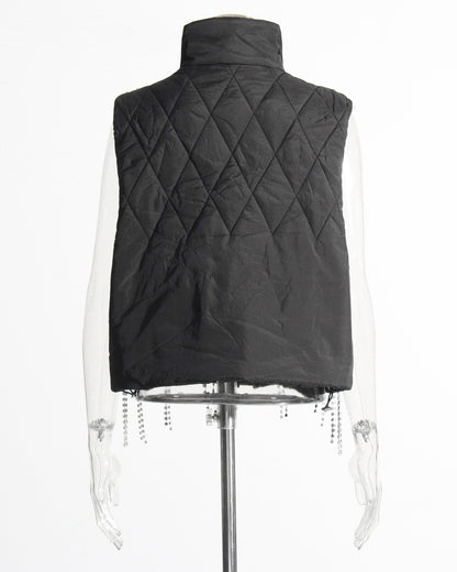 Black Quilted Vest with Crystal Fringe Embellishment