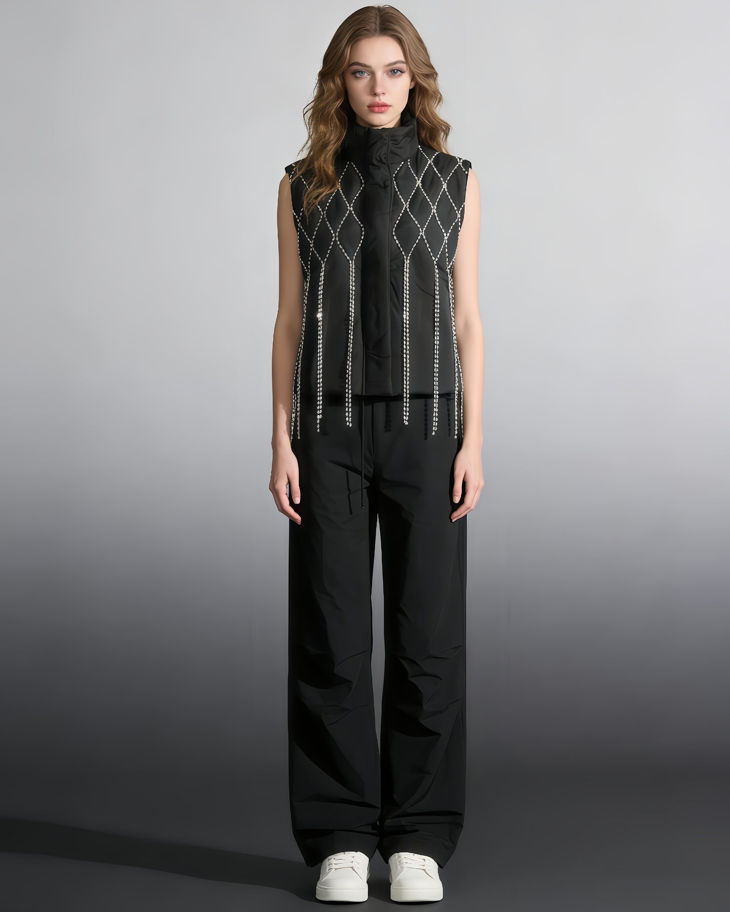 Black Quilted Vest with Crystal Fringe Embellishment