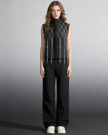 Black Quilted Vest with Crystal Fringe Embellishment