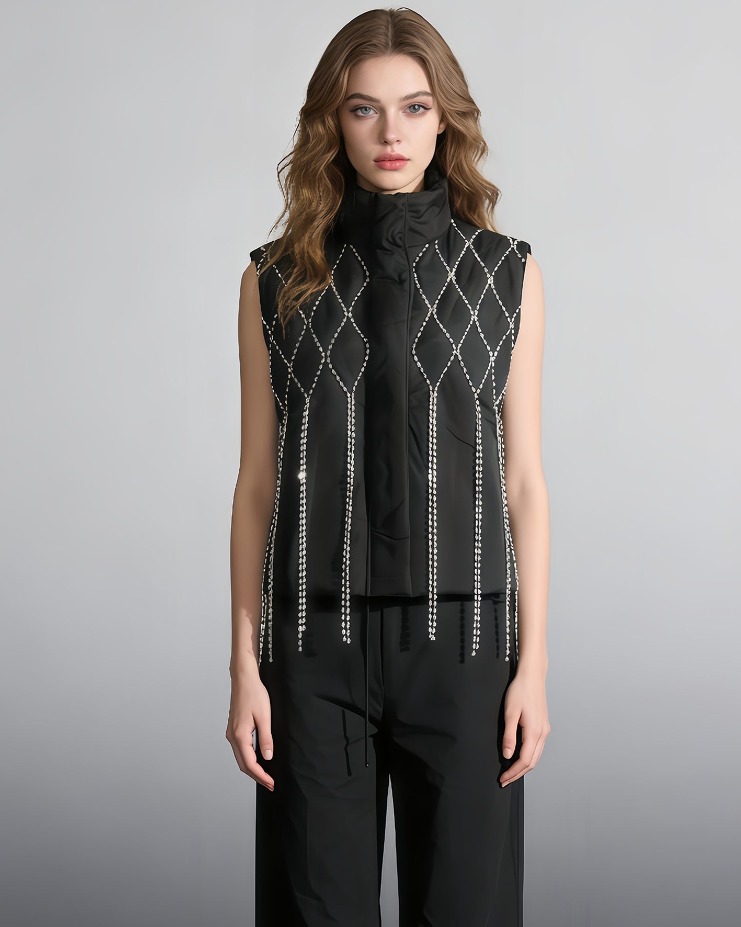 Black Quilted Vest with Crystal Fringe Embellishment