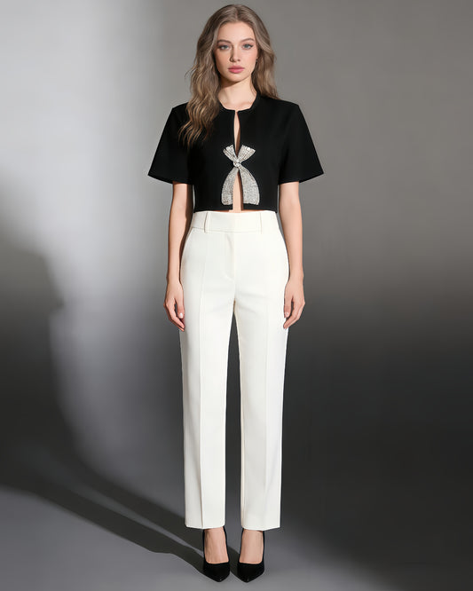 Black Rhinestone Bow Cropped Top