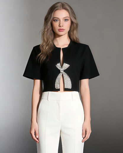 Black Rhinestone Bow Cropped Top