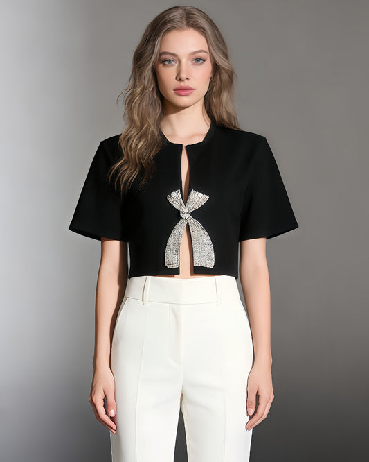 Black Rhinestone Bow Cropped Top