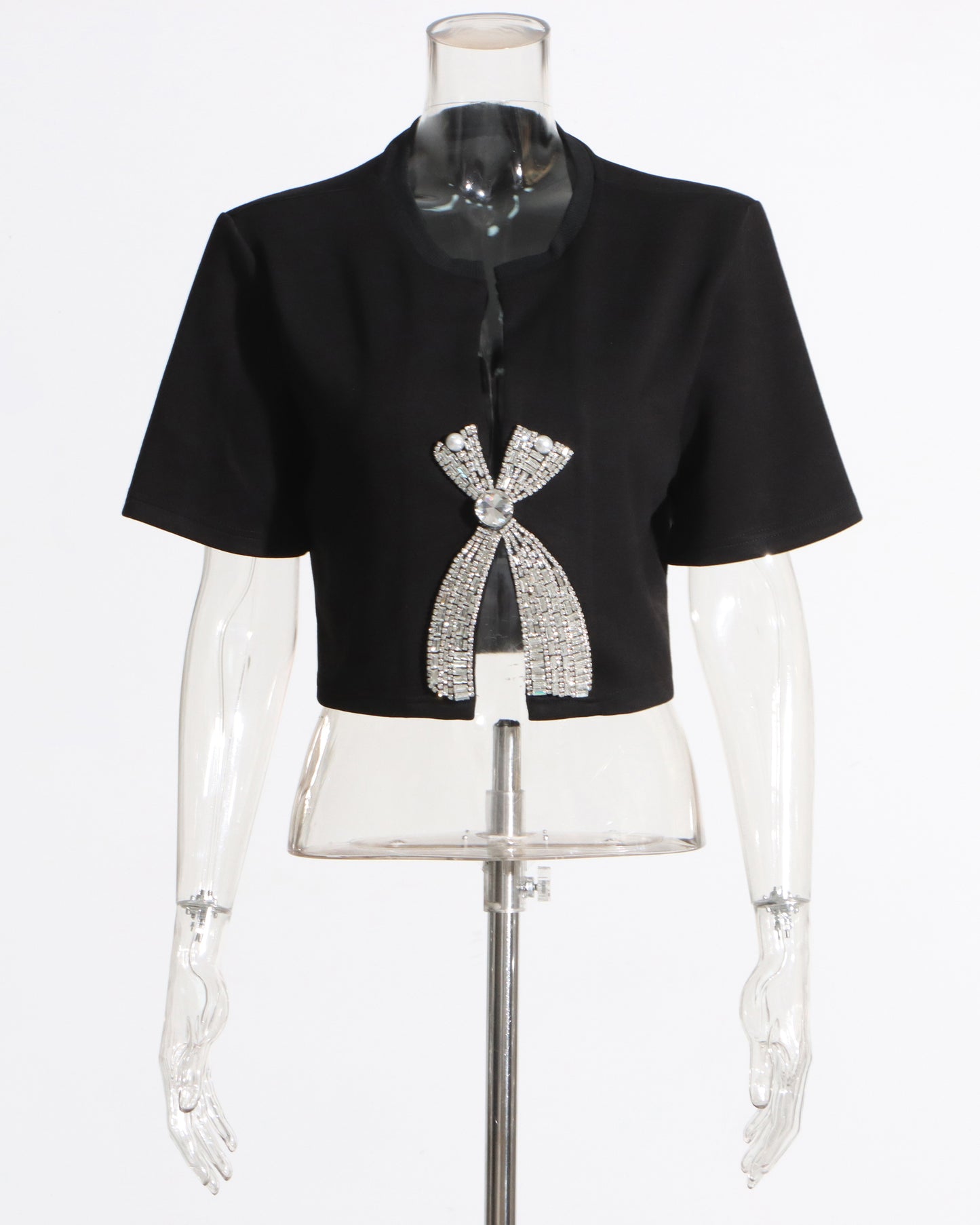 Black Rhinestone Bow Cropped Top