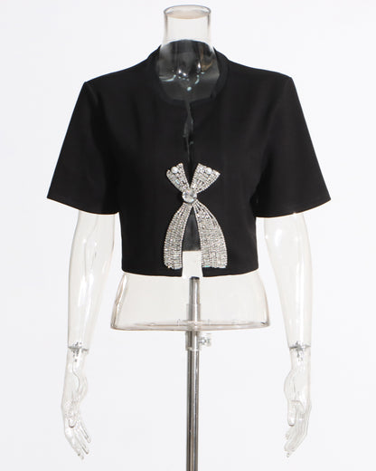 Black Rhinestone Bow Cropped Top