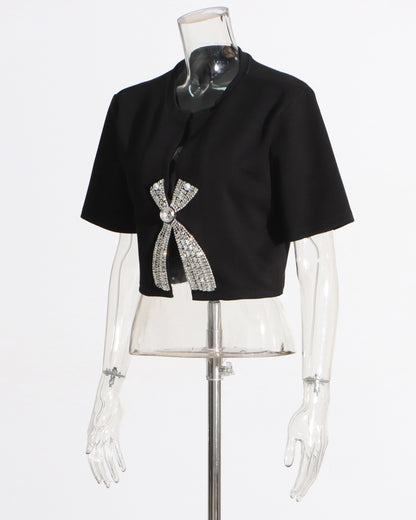 Black Rhinestone Bow Cropped Top