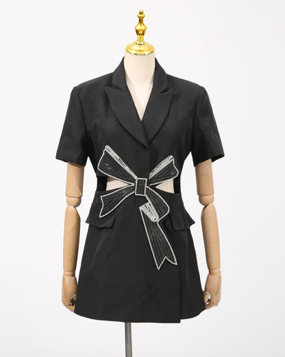 Black Rhinestone Bow Cutout Blazer Dress