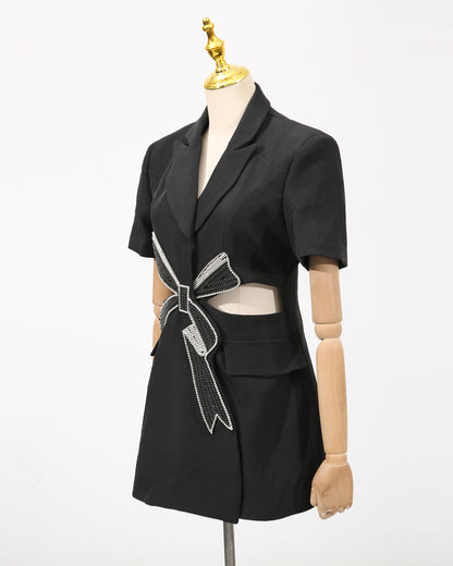 Black Rhinestone Bow Cutout Blazer Dress