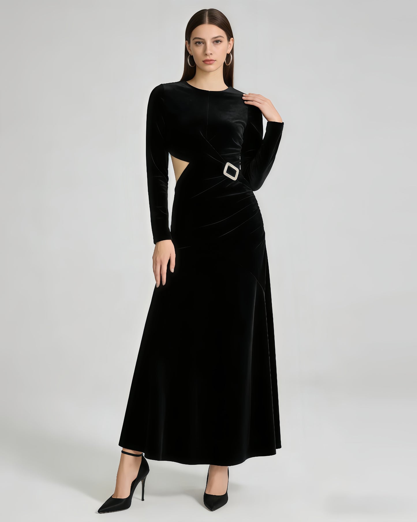 Black Rhinestone Buckle Fitted Maxi Gown