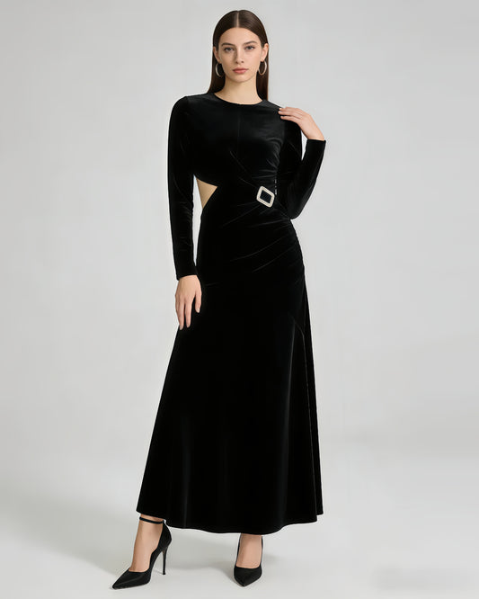 Black Rhinestone Buckle Fitted Maxi Gown