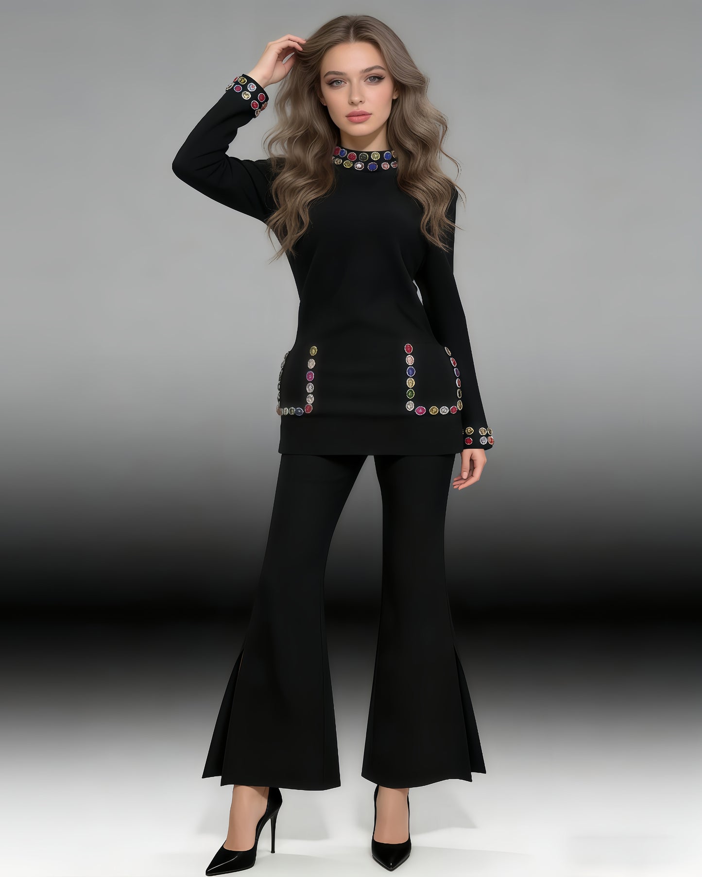 Black Rhinestone Fitted Flared Pants Two-Piece Set