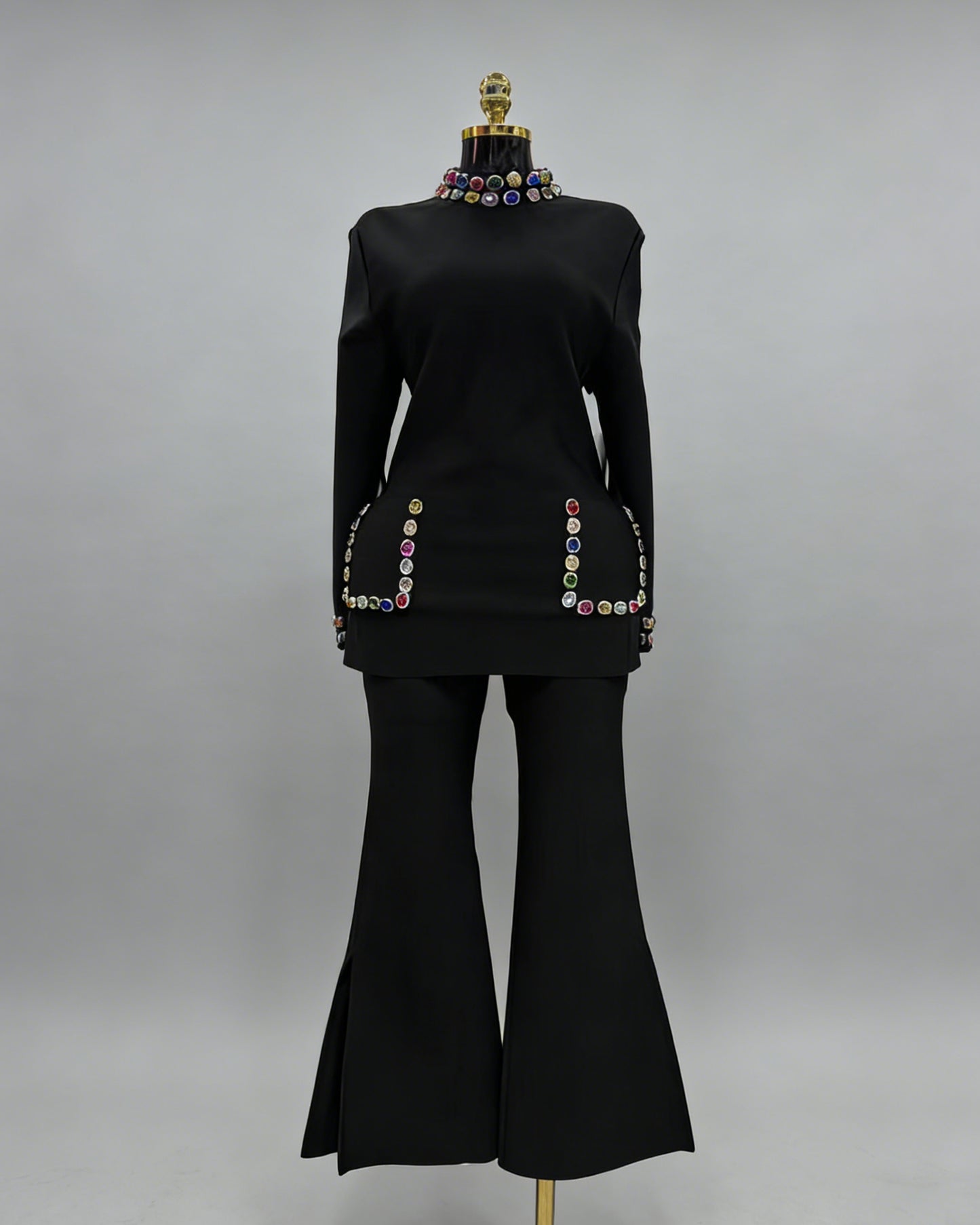 Black Rhinestone Fitted Flared Pants Two-Piece Set