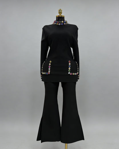 Black Rhinestone Fitted Flared Pants Two-Piece Set