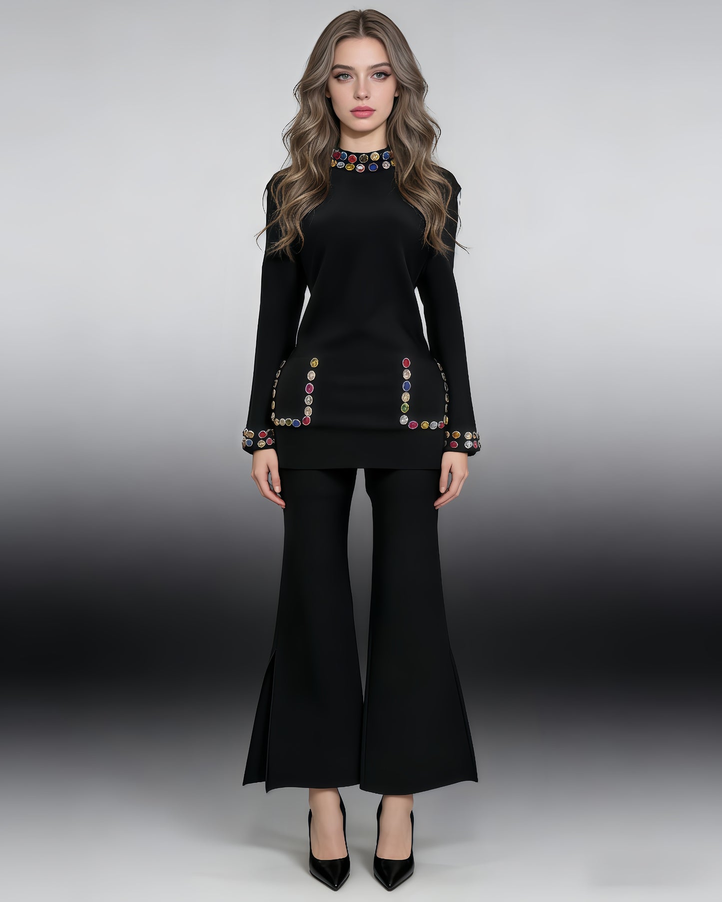 Black Rhinestone Fitted Flared Pants Two-Piece Set