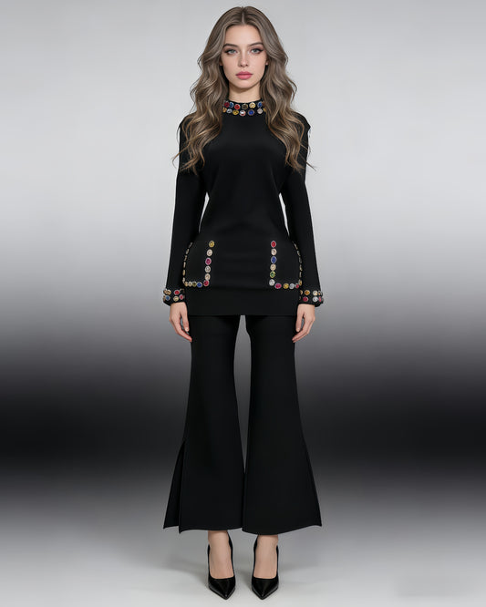 Black Rhinestone Fitted Flared Pants Two-Piece Set