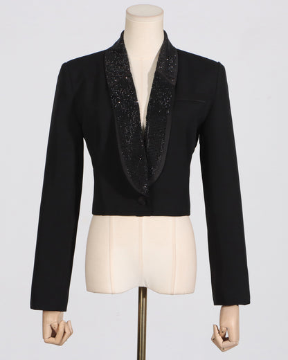 Black Rhinestone Lapel Cropped Blazer