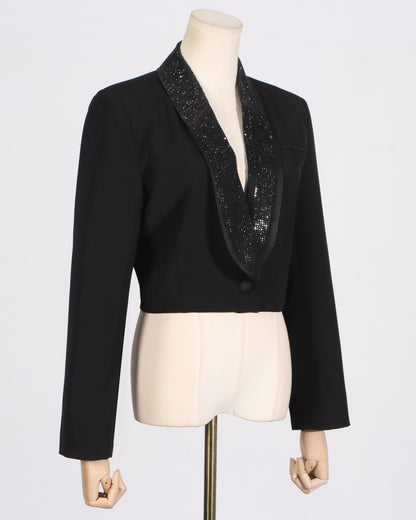Black Rhinestone Lapel Cropped Blazer
