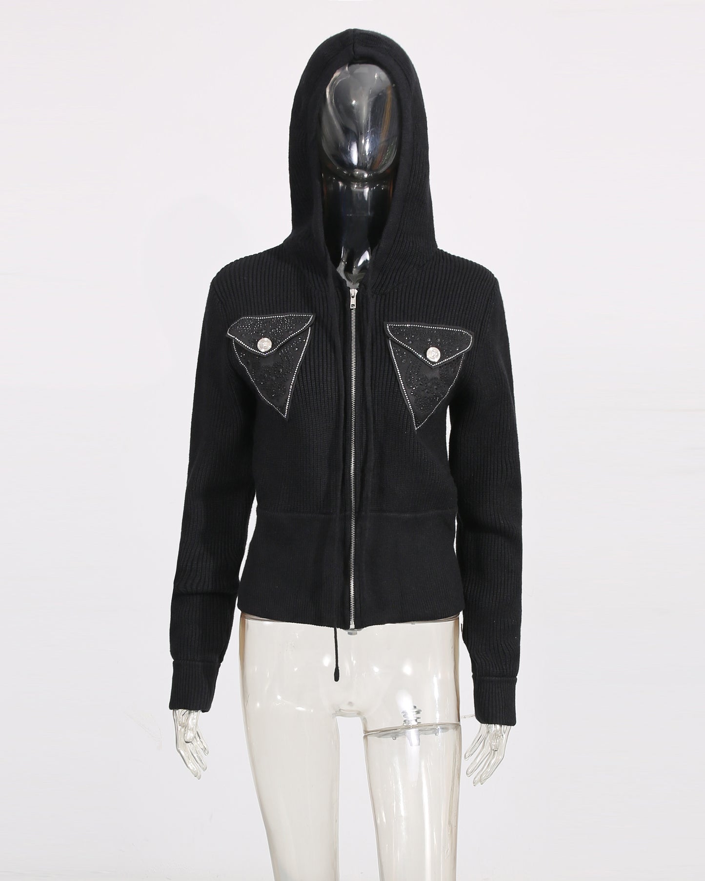 Black Rhinestone Pocket Hooded Knit Cardigan
