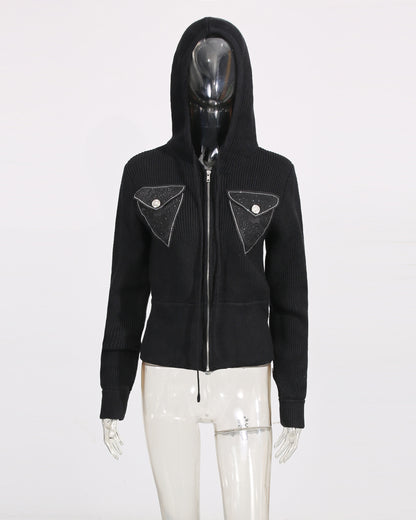 Black Rhinestone Pocket Hooded Knit Cardigan