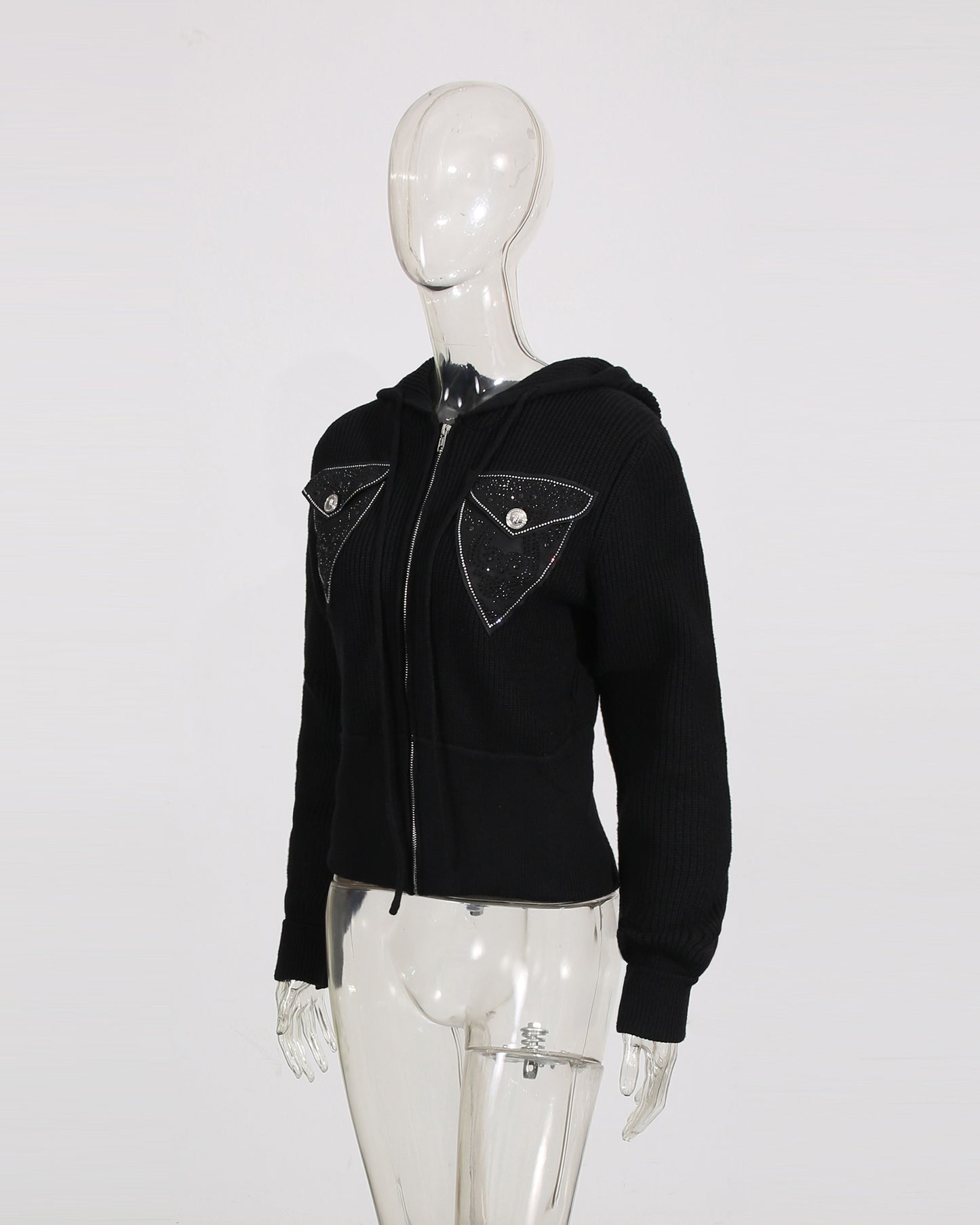 Black Rhinestone Pocket Hooded Knit Cardigan